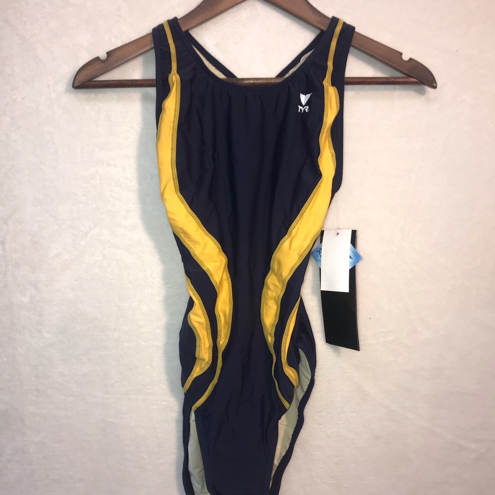 TYR Swimsuit Girls Racerback Navy Gold 34S